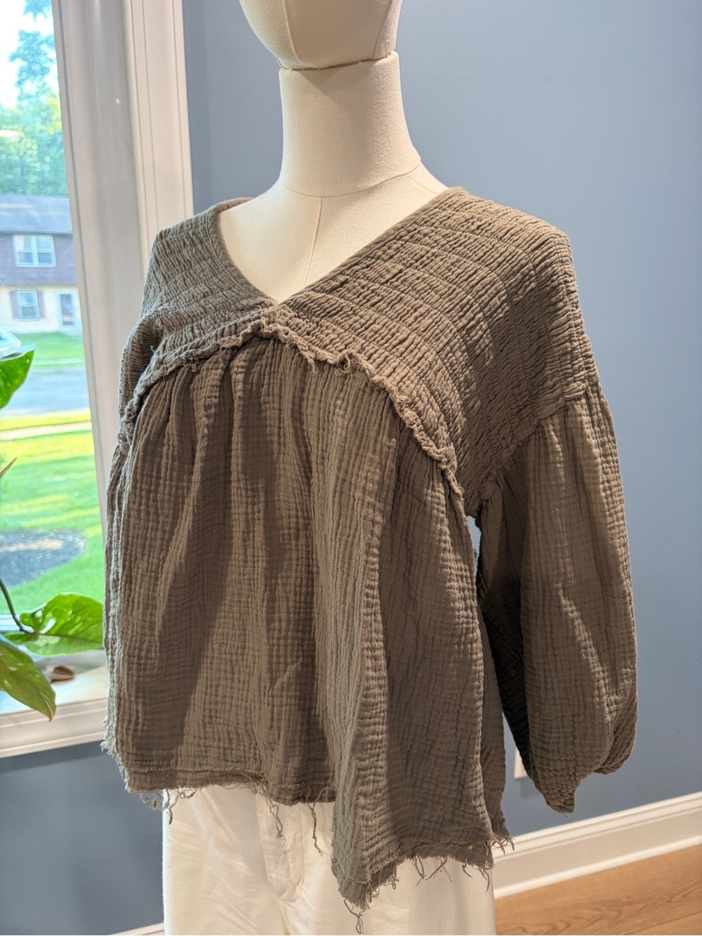 Altar'd State Gauze Peplum Blouse Size Small Taupe Raw Hem Boho Babydoll